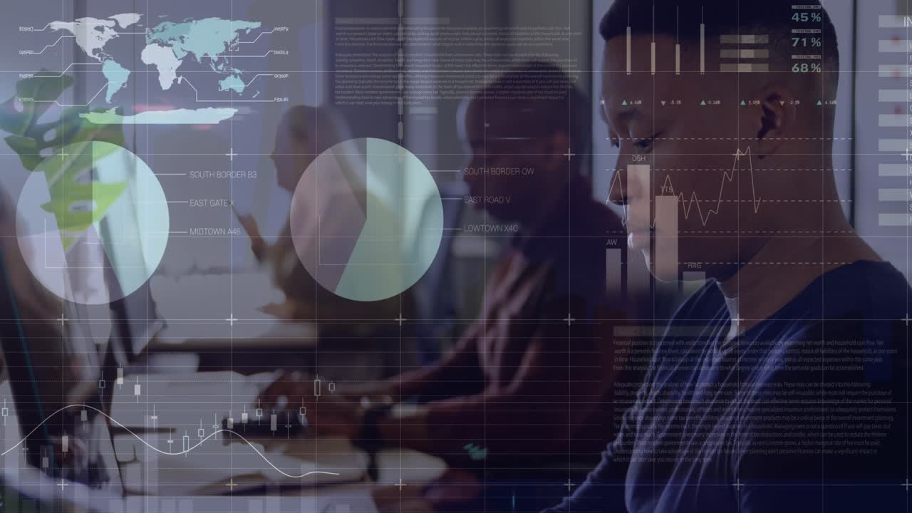 Animation of financial data processing over diverse business people in office