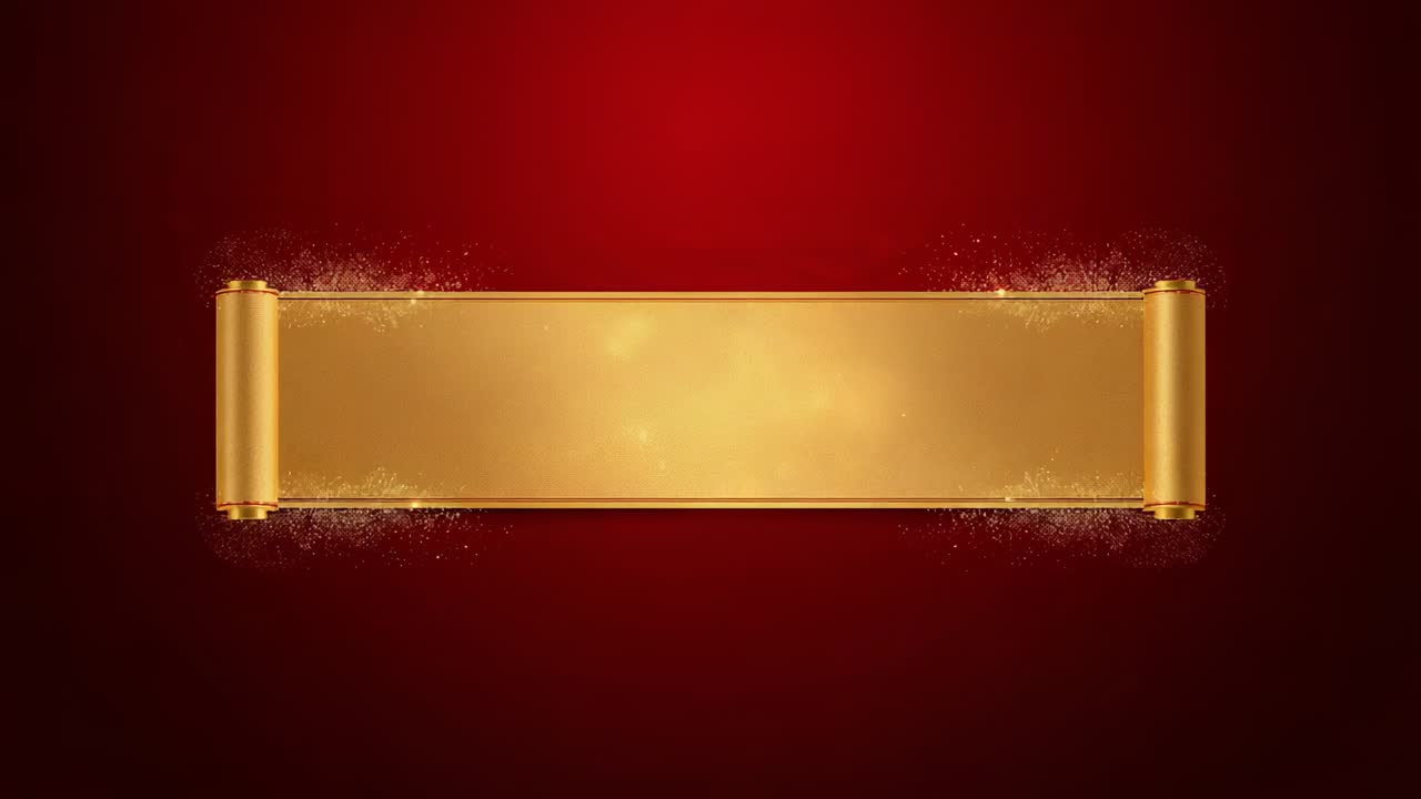 Gold scroll banner shimmering under sliding light flare in deep red backdrop, showing particle dust