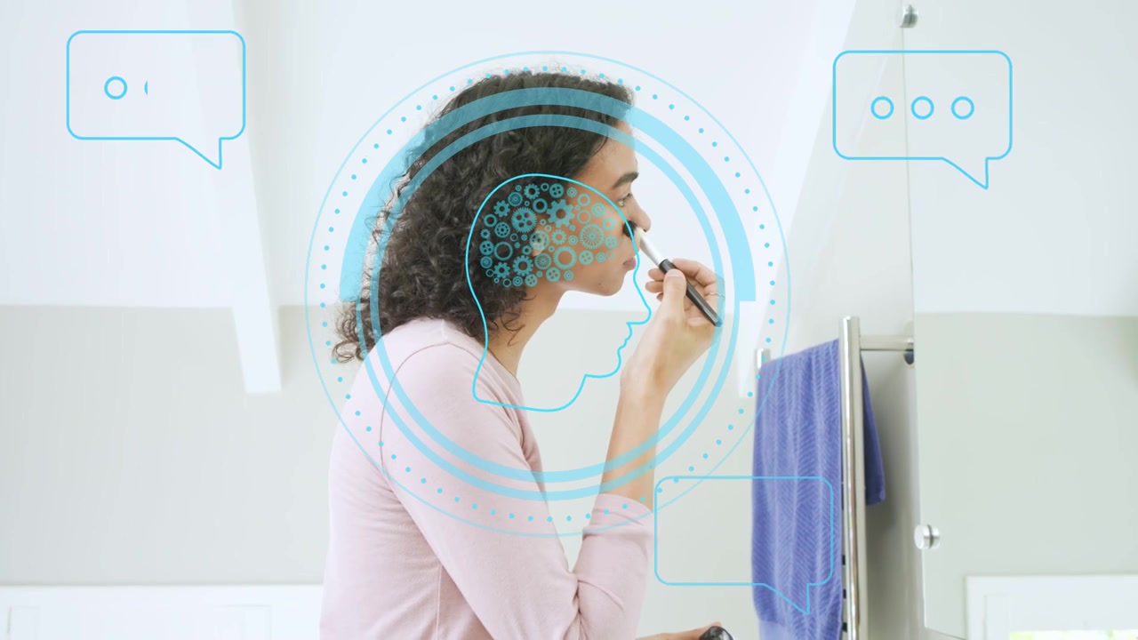 Nonbinary user inspecting compact, applying makeup for beauty with blue HUD overlaying head
