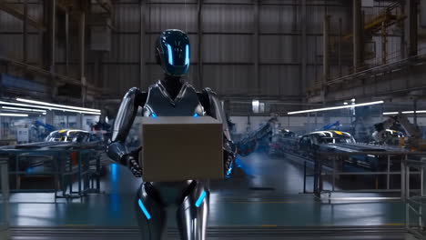 robot carrying a box in a factory