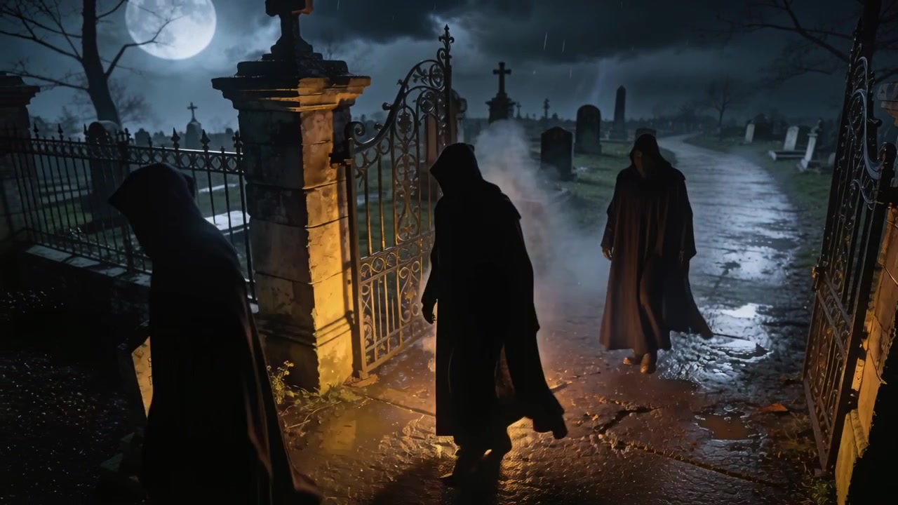 Opening gate drawing three cloaked figures proceeding in line through graveyard, stepping over fire