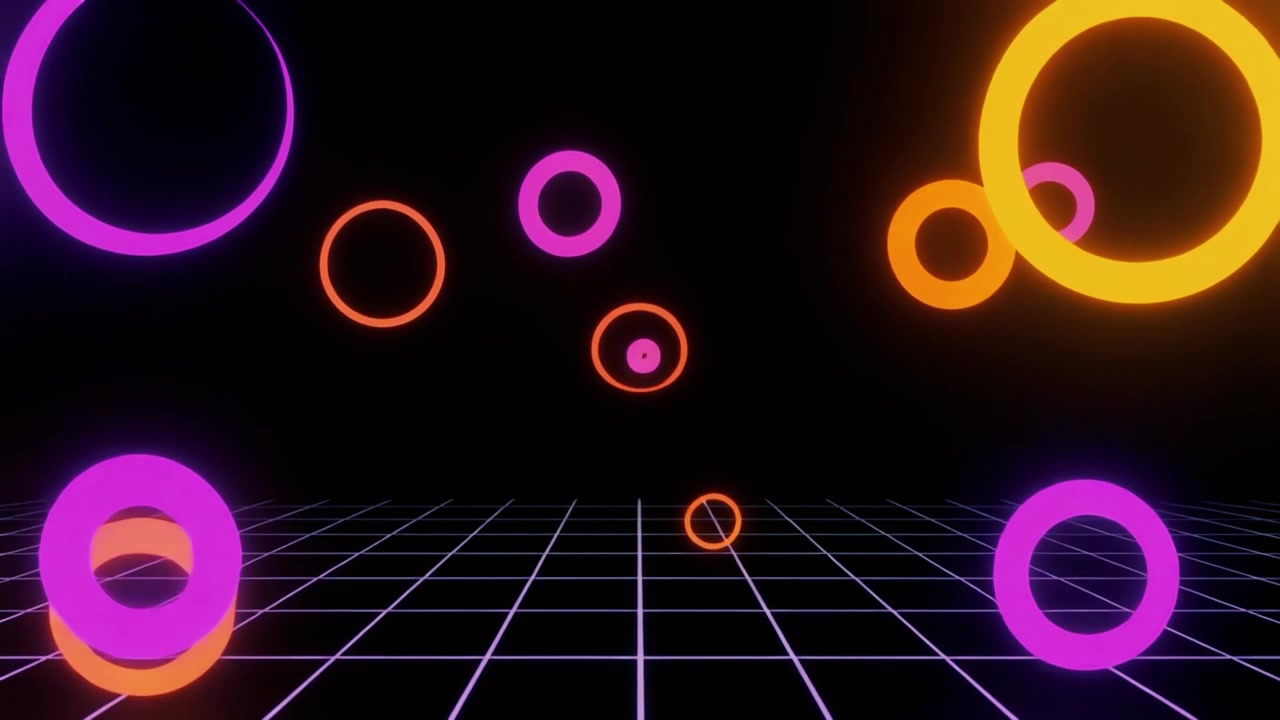 Cerchi Luminosi al Neon che Fluttuano su uno Sfondo a Griglia Retrò