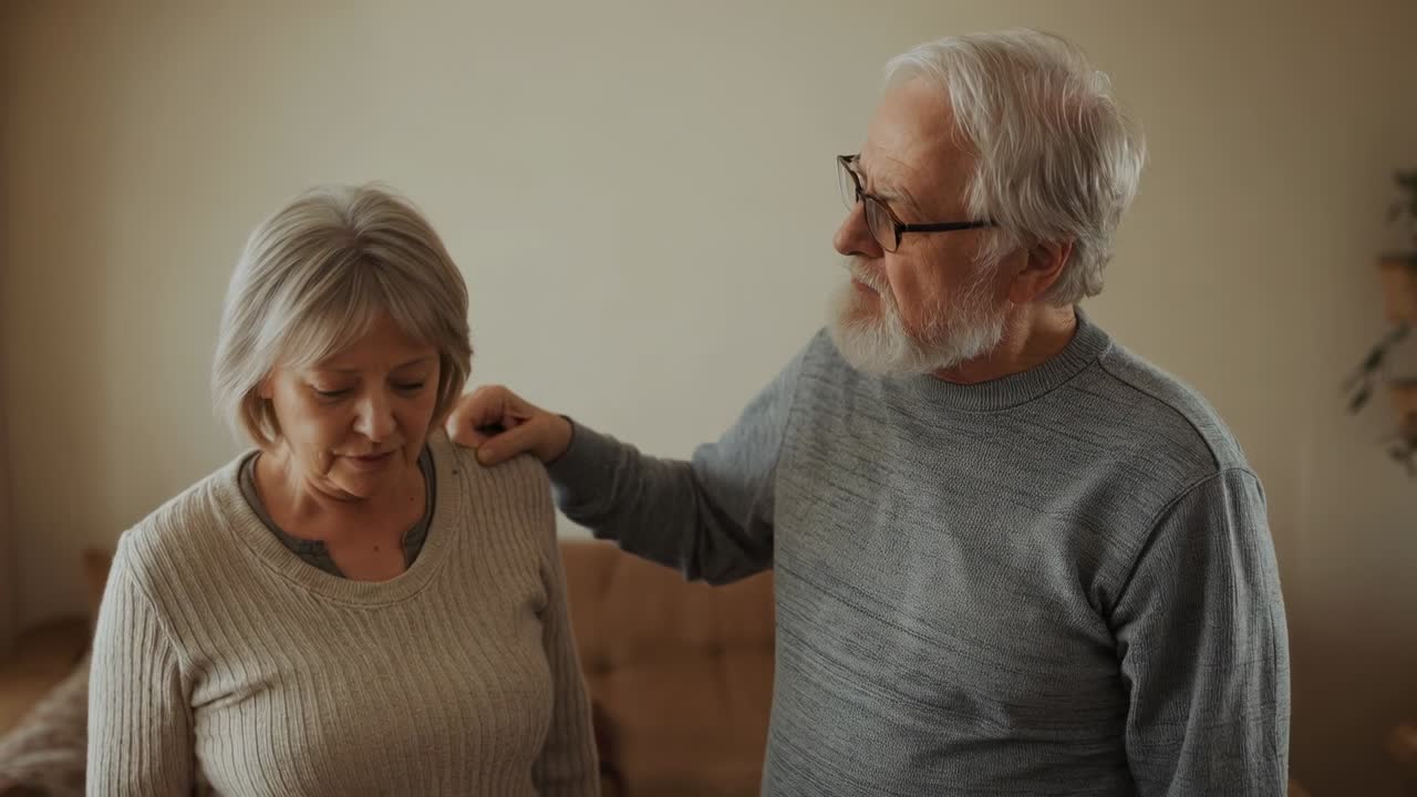 Seeing partner look down, senior man placing hand on partner's shoulder at home in sweaters calming