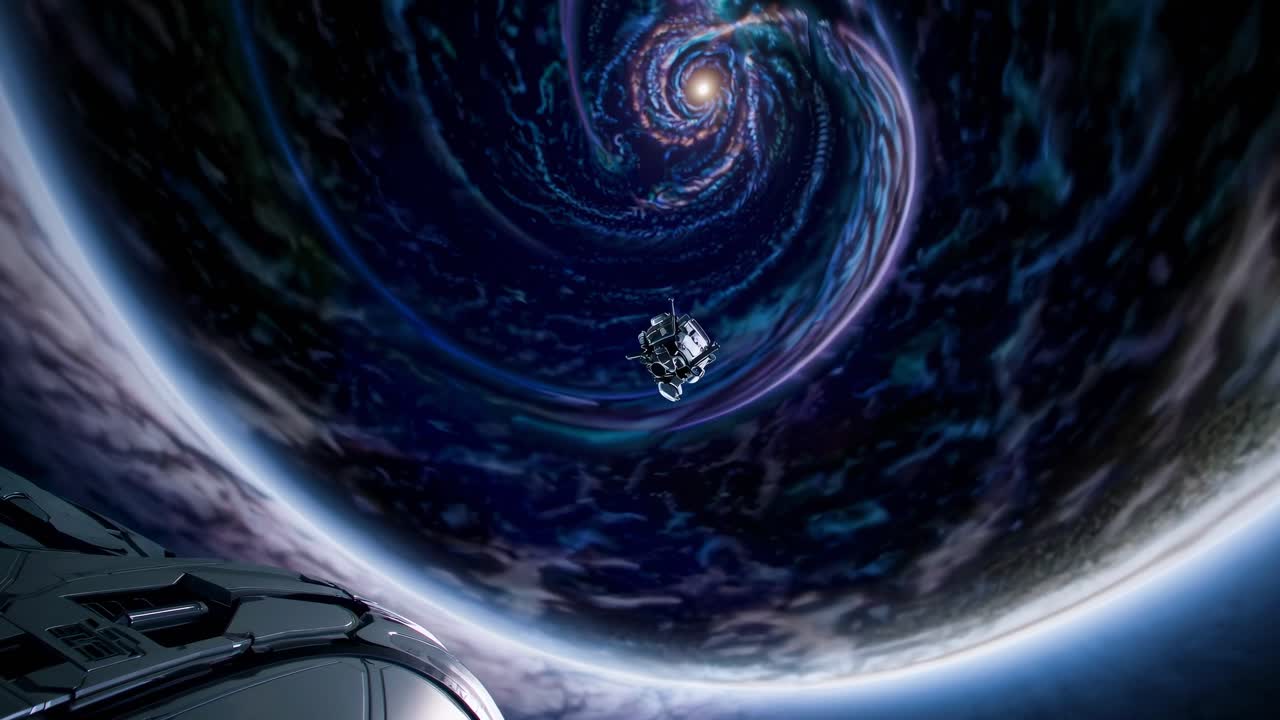 Aerial view of a spacecraft near a swirling cosmic vortex, capturing a sci-fi video scene