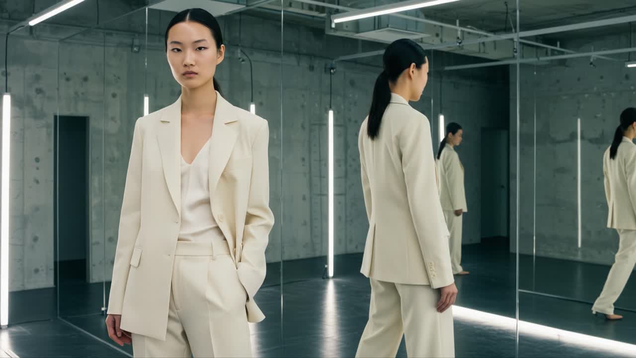 A Fashion Model Showcasing Elegant Cream-colored Suit in a Modern Studio Surrounded by Reflective Mirrors and Sleek Neon Lighting