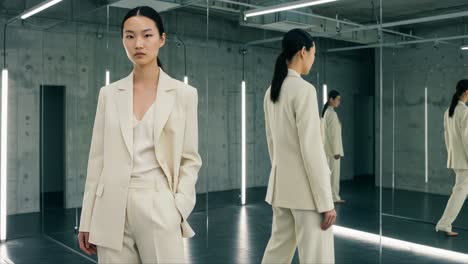 a fashion model showcasing elegant cream-colored suit in a modern studio surrounded by reflective mirrors and sleek neon lighting
