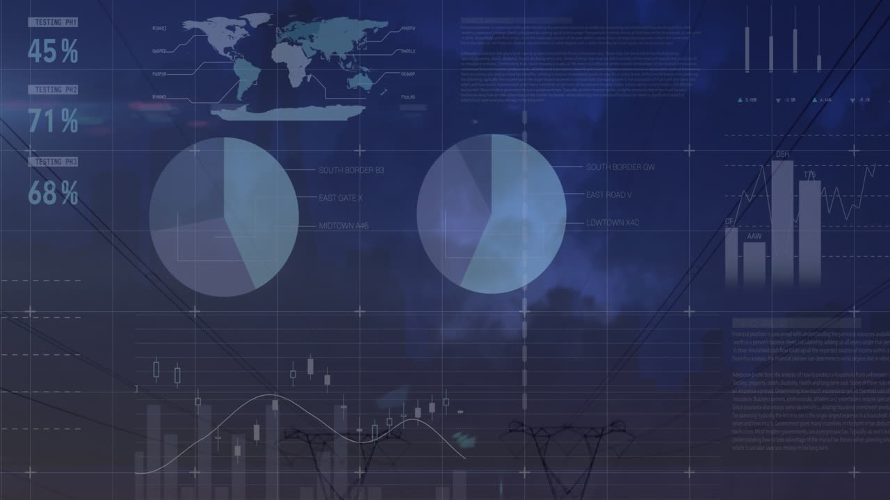 Animation of statistical data processing over network towers against sunset sky