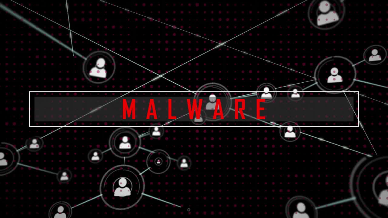 animación de texto de malware a través de la red de conexiones con iconos
