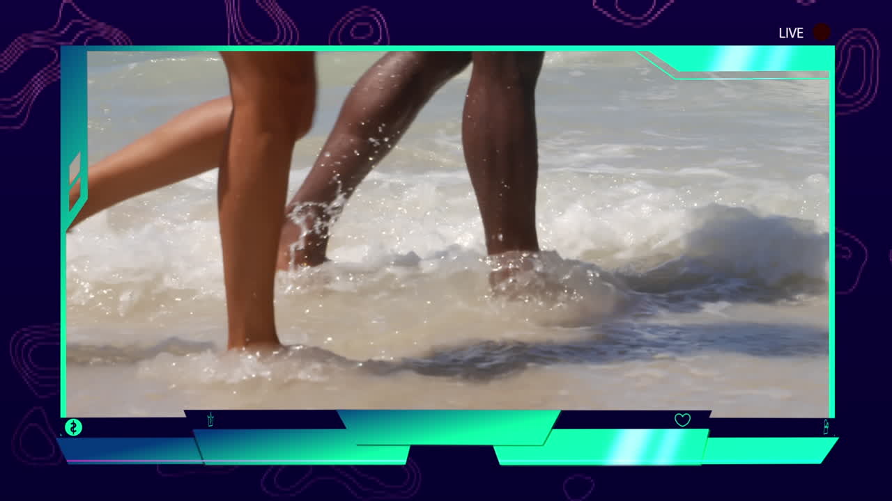 Animation of digital interface over african american couple at beach