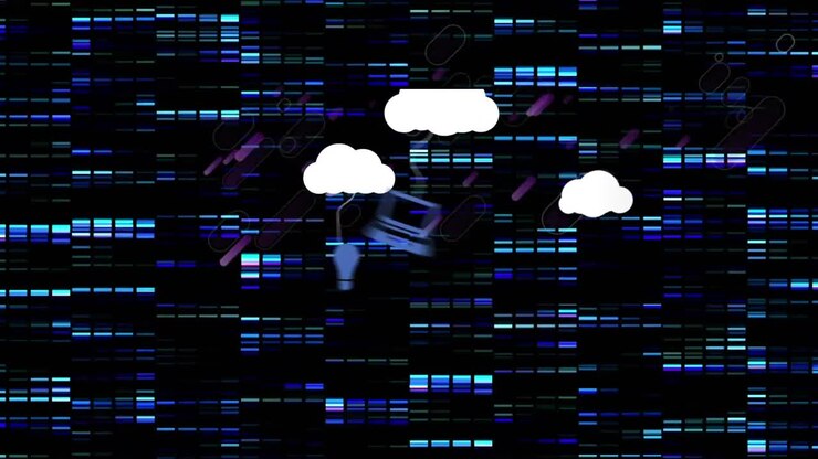 Animation of clouds with icons over moving columns and purple lines