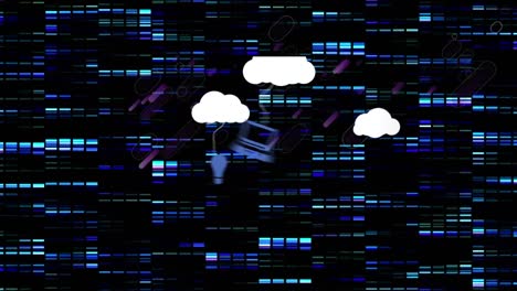 animación de nubes con iconos sobre columnas en movimiento y líneas púrpuras