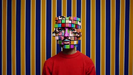 person with red sweater is posing in front of a blue and yellow striped background, wearing a colorful mask made of cubes depicting different parts of human faces