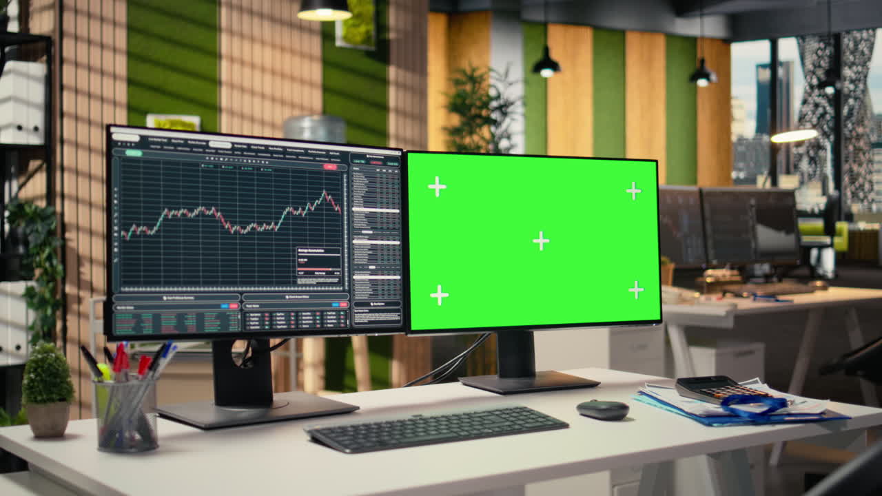 Green screen PC displaying stock market graphs in proprietary firm office