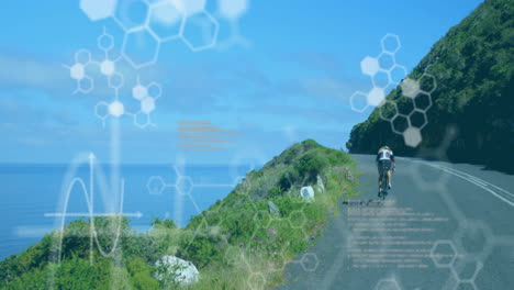 animation of chemical models and data processing over caucasian woman riding bicycle at sea