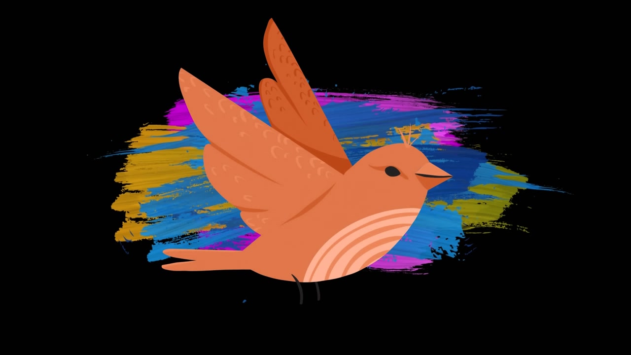 Vídeo de animação digital com pinceladas coloridas e um ícone de pássaro laranja