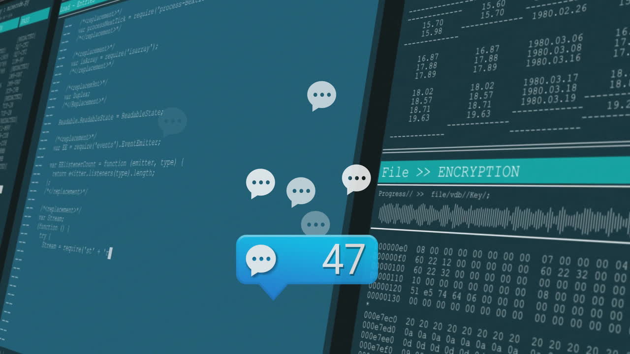 Blue chat notification bubble displaying 43 over split screens showing code and encryption panel