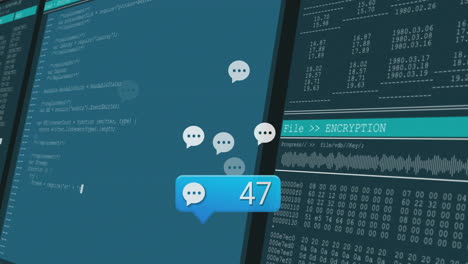 Blue chat notification bubble displaying 43 over split screens showing code and encryption panel