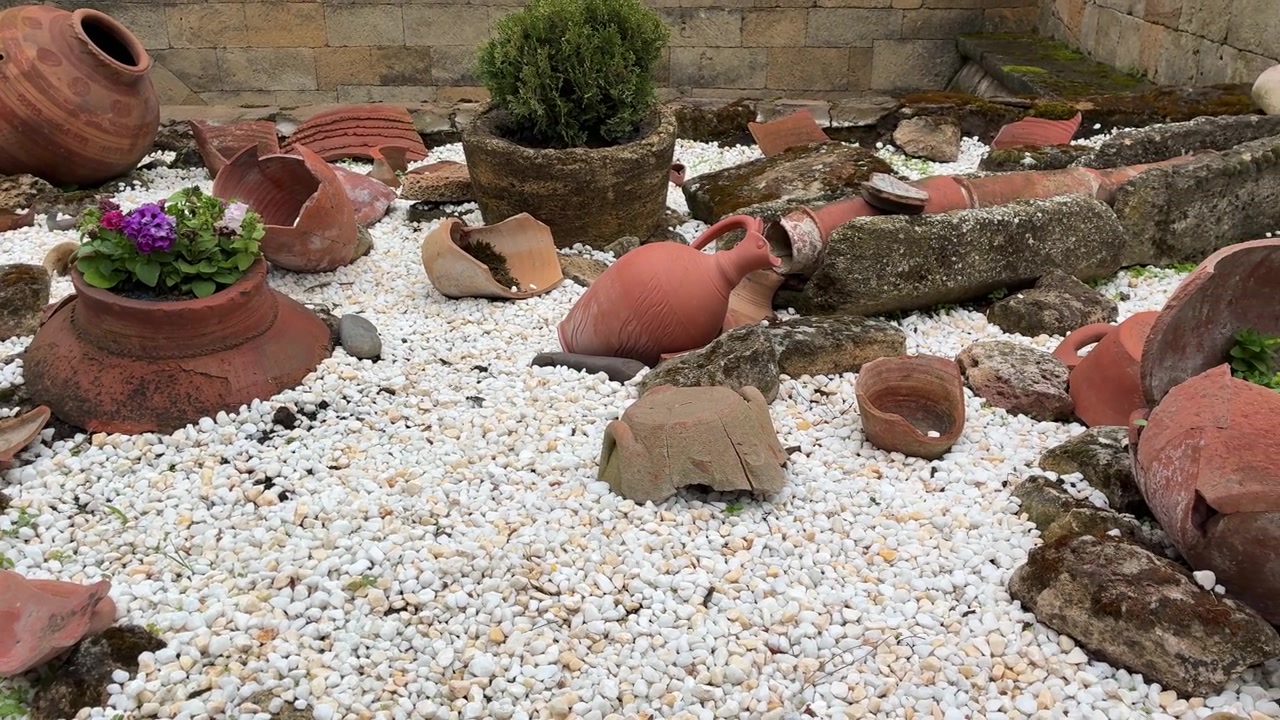 Una collezione di vasi di terracotta rotti, frammenti di argilla e antichi manufatti sono sparsi su ghiaia bianca, con una pianta in vaso in primo piano.