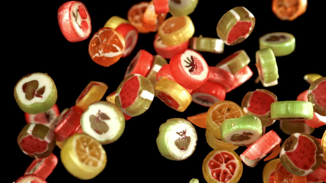 Bunte Fruchtbonbons fallen und hüpfen in Zeitlupe