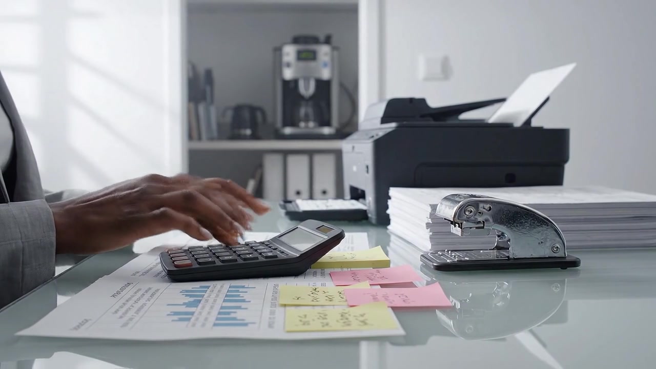 Una persona organizza meticolosamente documenti finanziari mentre usa una calcolatrice su una scrivania ordinata con una stampante, dimostrando concentrazione e professionalità nella gestione d'ufficio.