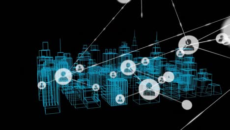 Animation-of-network-of-connections-over-3d-cityscape-drawing-on-black-background