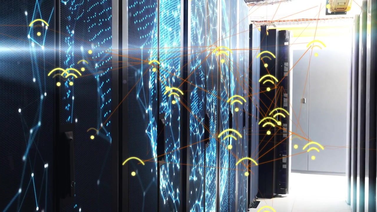 Lens flare starting camera moving down rack aisle, racks pulsing with wifi icons, showing traffic