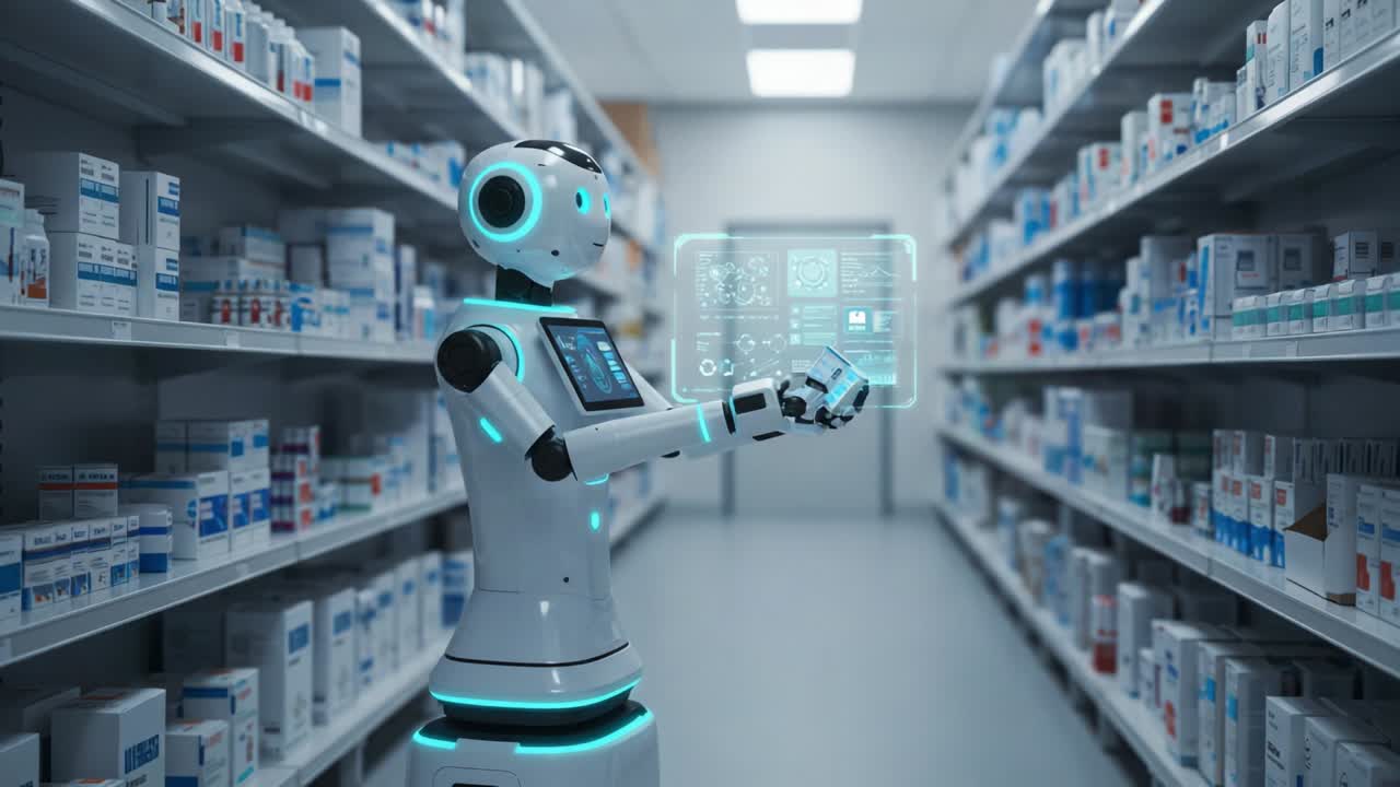 A futuristic pharmacy scene showcasing a humanoid robot interacting with a digital interface amidst organized shelves filled with pharmaceutical products and gadgets