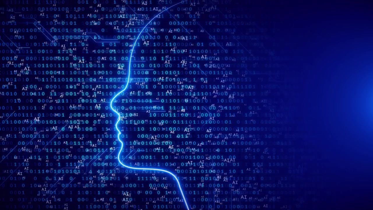 Future ai tech machine learning face circuit board binary data flow background cyber mind human