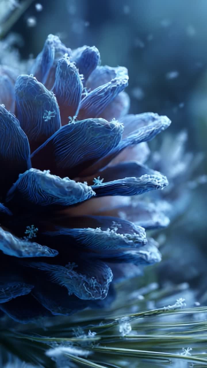 A close-up view of a frosted pine cone adorned with delicate snow crystals, showcasing intricate natural patterns and textures, surrounded by a soft blue and golden bokeh background that enhances the serene winter atmosphere
