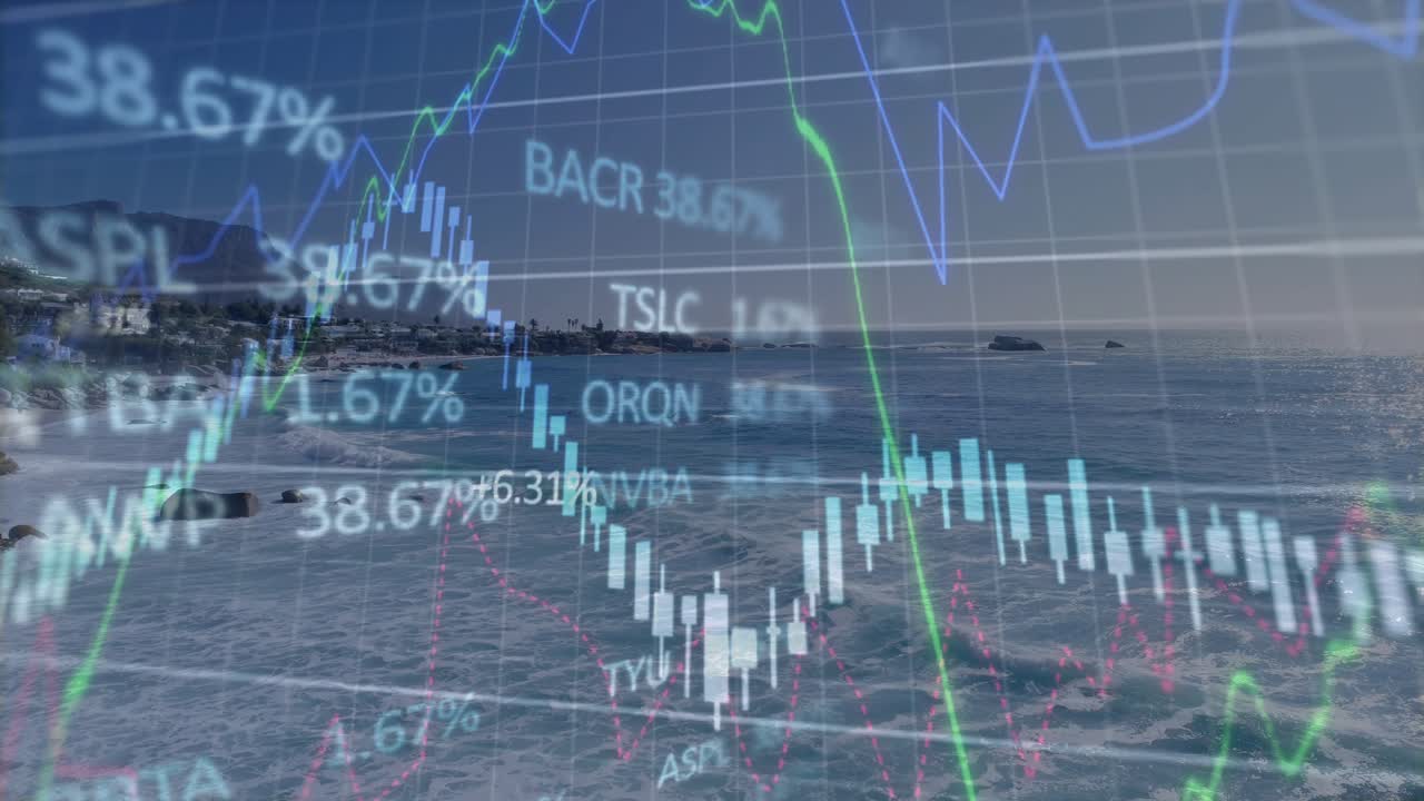 Market chart overlay fading in over coast, moving candles rising and falling to show trends