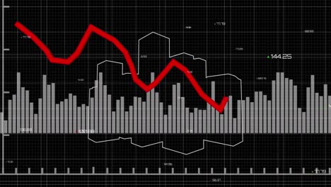 animation of financial data processing over cityscape