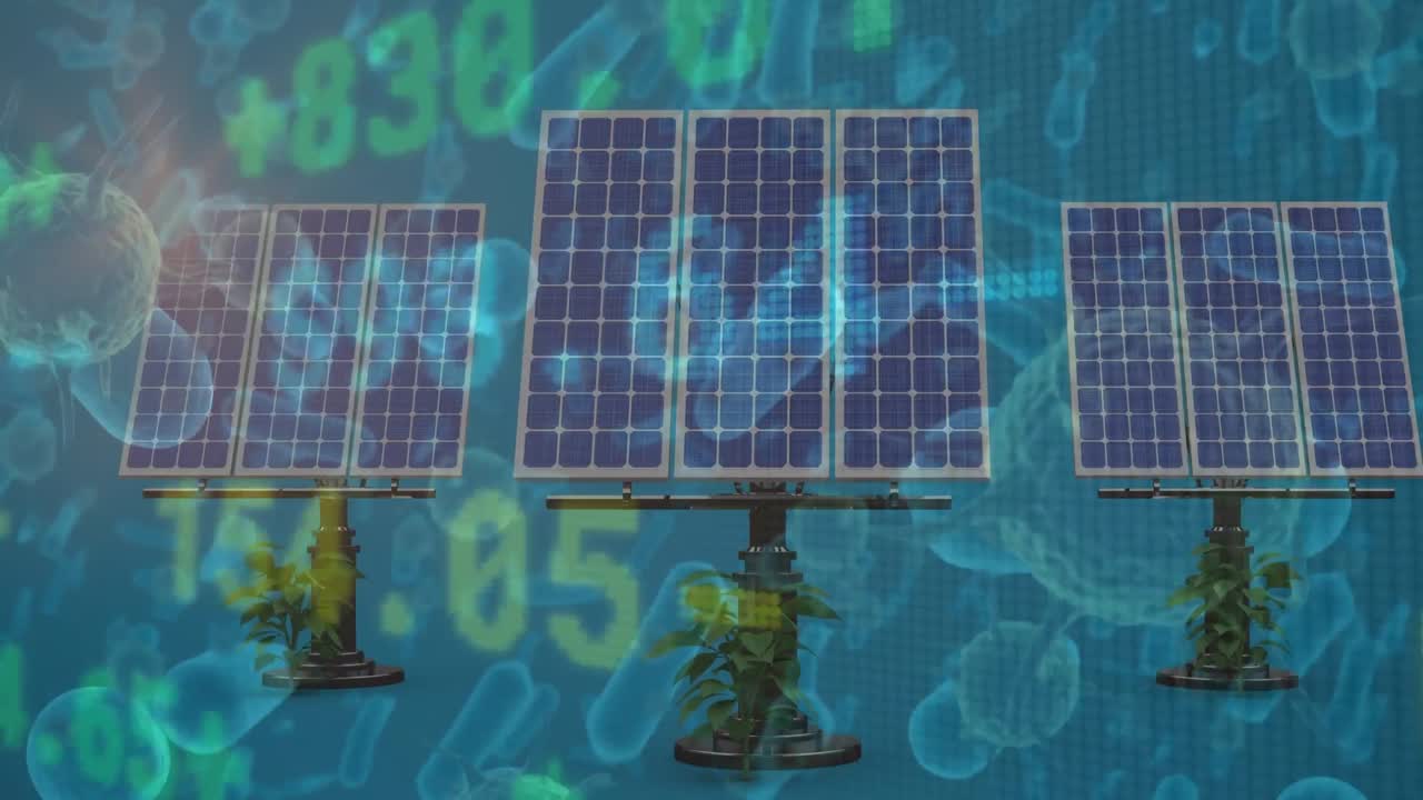Animation of stock market over solar panels and virus cells