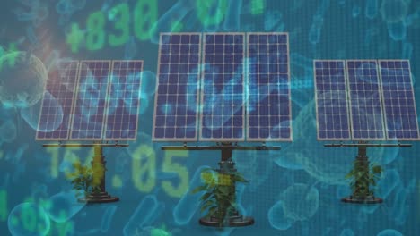 Animation-of-stock-market-over-solar-panels-and-virus-cells