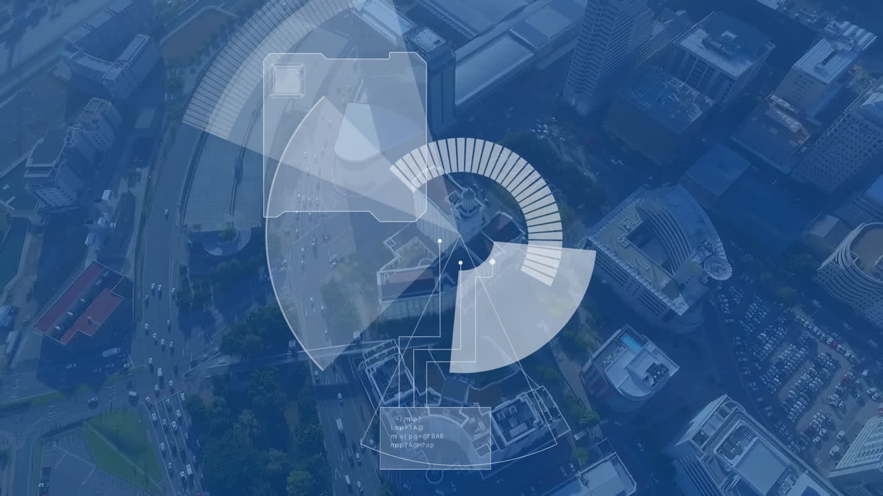 도시 풍경 위의 범위 스캐닝과 데이터 처리 애니메이션