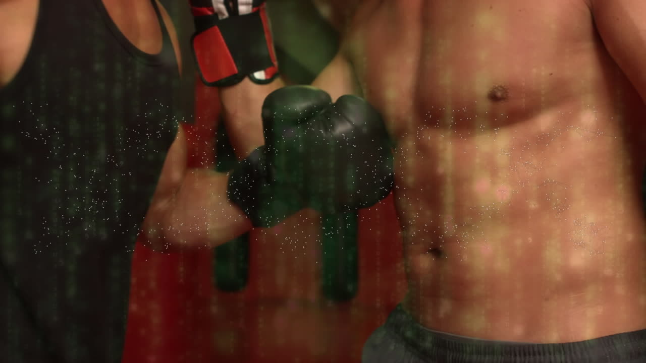 animación de la interfaz digital con cadena de adn giratoria y procesamiento de datos sobre boxeadores