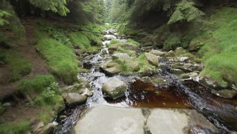 vista panorámica del arroyo de color césped que fluye a través de las rocas en las montañas de wicklow en irlanda - toma aérea baja