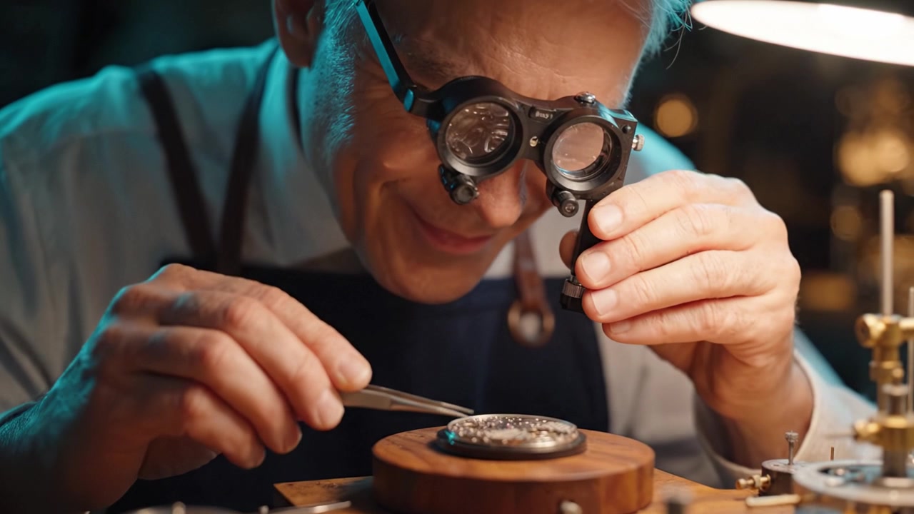 Dedicated watchmaker meticulously examines intricate timepiece components under magnification, showcasing craftsmanship and attention to detail in horological repair.