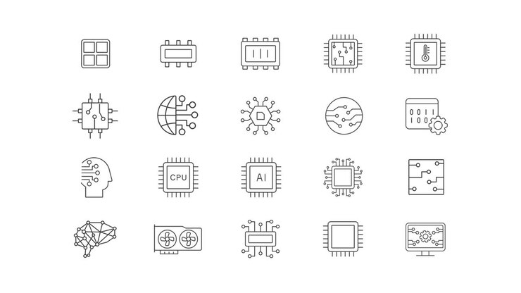 Collection of icons representing AI, CPUs and other computing technologies