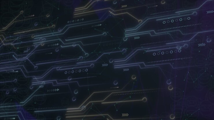 Animazione di connessioni di microprocessori e rete di connessioni su sfondo nero