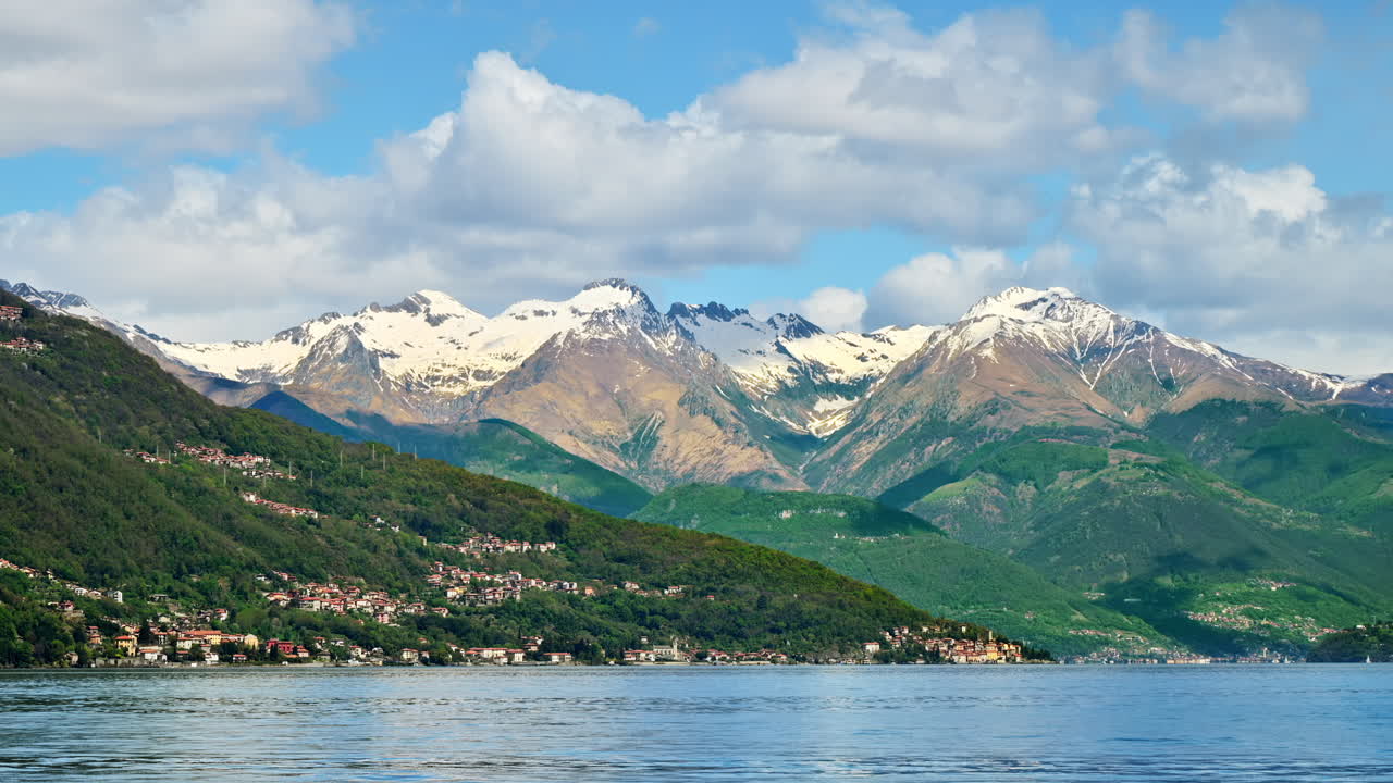 Panoramic view of Lake Como, with mountains and towns