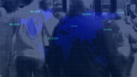 Mapa-Del-Mundo-Con-Animación-De-Datos-Numéricos-Sobre-Personas-Caminando-En-El-Fondo