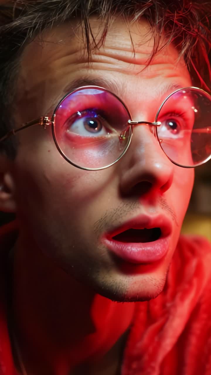 Primo piano intenso di un giovane uomo con illuminazione drammatica ed eleganti occhiali, che cattura un'espressione emotiva in un'atmosfera cinematografica