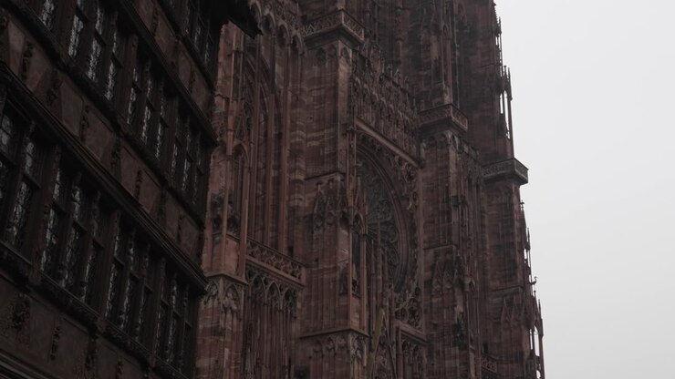 Vista sulla Cattedrale di Strasburgo sullo sfondo di un cielo nuvoloso; le sue pietre sussurrano storie di secoli passati e la sua guglia imponente continua a ispirare ammirazione e meraviglia in tutti coloro che la osservano.