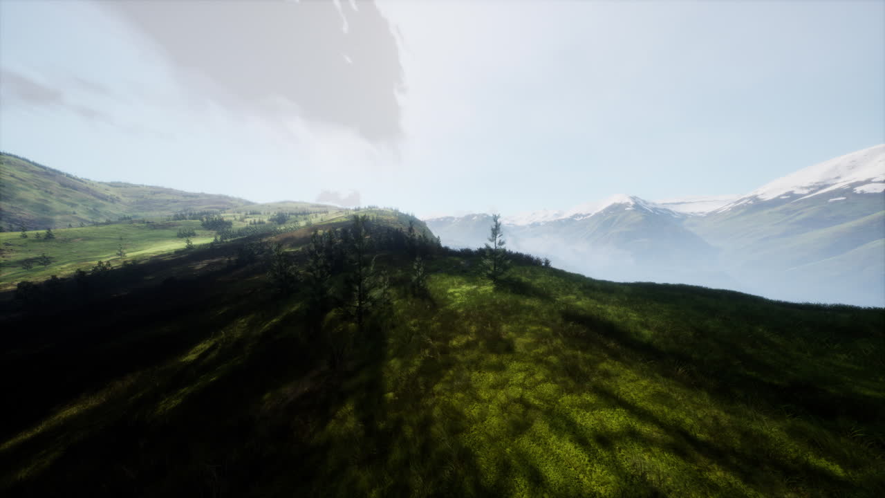 hermoso paisaje montañoso con hierba verde y picos cubiertos de nieve