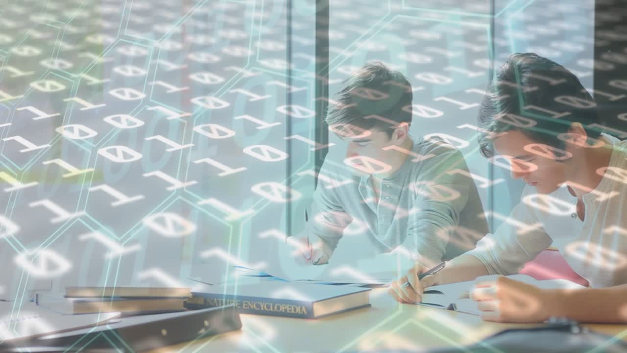 Animation of binary code over caucasian male and female students studying in library room