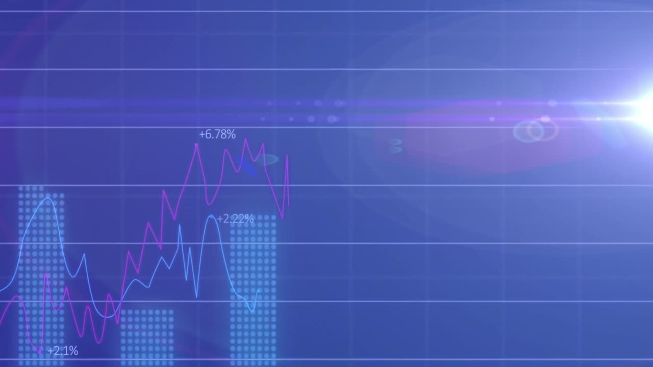 Animation of data processing with diagrams and light spots over blue background