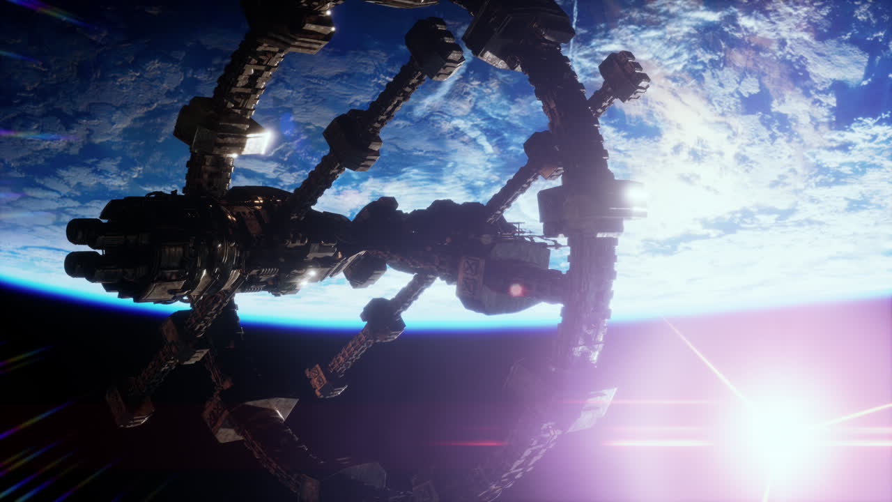 una enorme nave espacial muy detallada se acerca a la tierra.