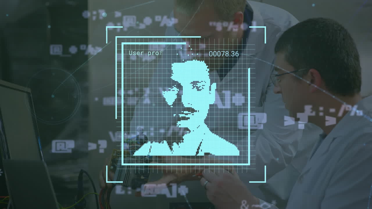 Animation of social media photos and data processing over caucasian men creating robot