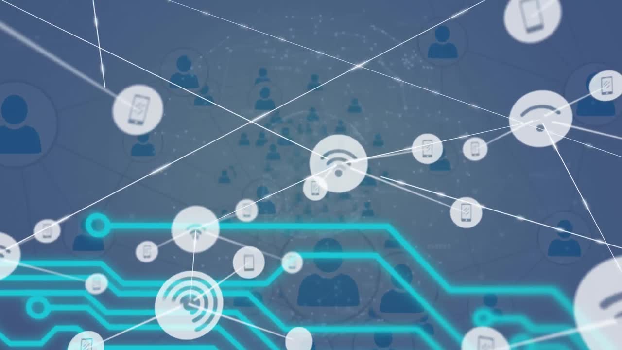 animación de la red de conexiones con iconos digitales y placa de circuito