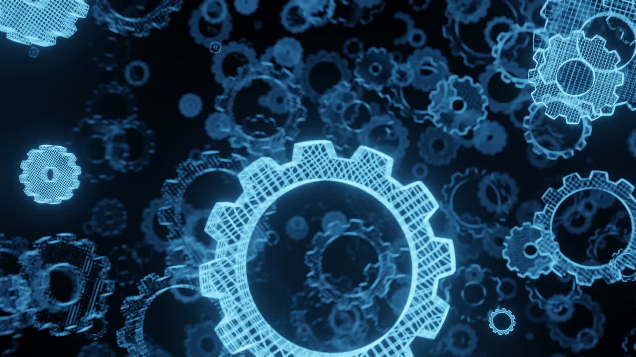 Abstract sketched gears move in space, spinning and glowing with neon light. Technology looped 4K animation.